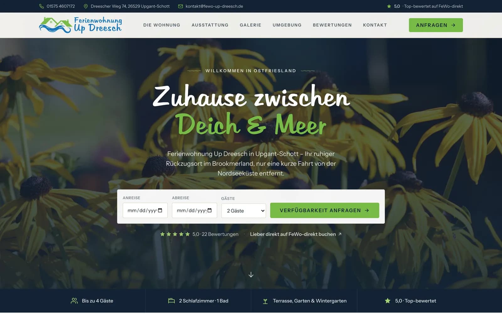 Ferienwohnung Up Dreesch — Website, Desktop-Ansicht
