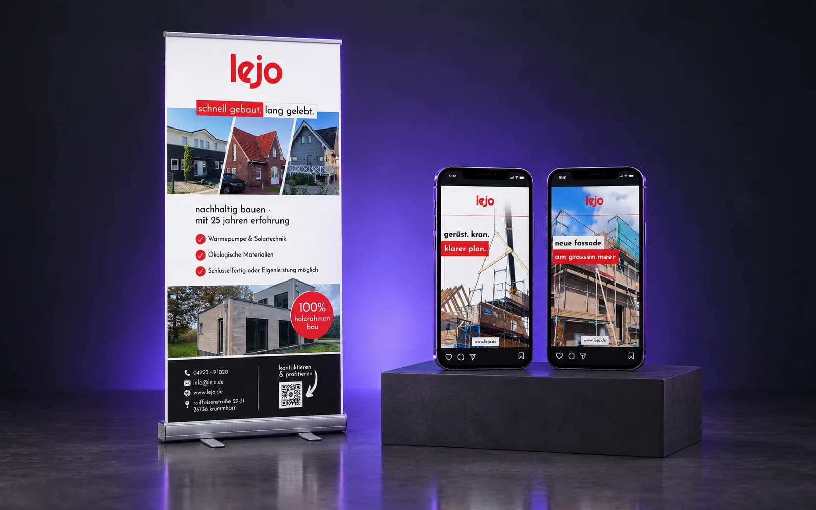 Lejo Haus und Bau: Print, Social Media, Reels und Baustellenfotos, dazu IT-Betrieb und Security